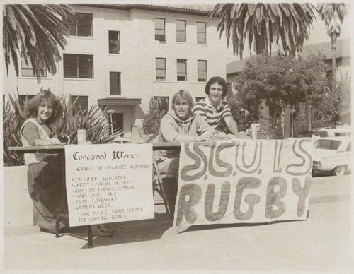 Student Organizations "Concerned Women" and "SCU I.S. Rugby" solicit interested students, 1979