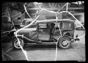 Wrecked Plymouth sedan, Sonia Feingersh owner, Southern California, 1936