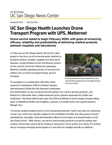 UC San Diego Health Launches Drone Transport Program with UPS, Matternet