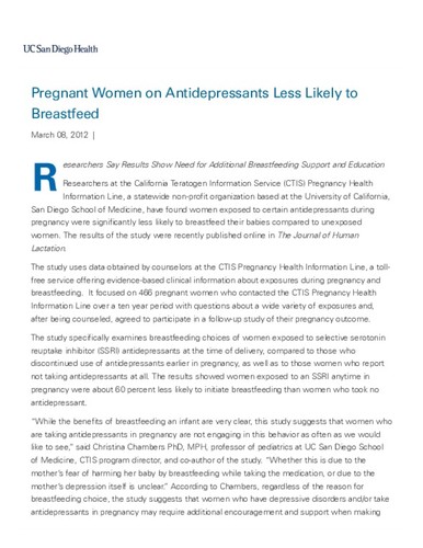 Pregnant Women on Antidepressants Less Likely to Breastfeed