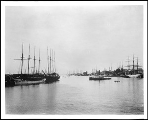 View of the main channel of the Los Angeles Harbor and several large ships, ca.1900