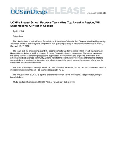 UCSD's Preuss School Robotics Team Wins Top Award In Region; Will Enter National Contest In Georgia