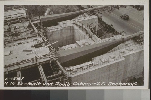 Anchorages Yerba Buena, San Francisco, Center; Cables, Yerba Buena Viaduct, West Bay, Catwalks, Unit #1 Stiffening Truss, 1935-36--No. 373-558