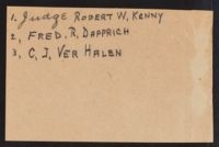 Handwritten list naming Robert Kenny, Fred Dapprich, and C. J. Ver Halen, all featured in a related photograph, 1935