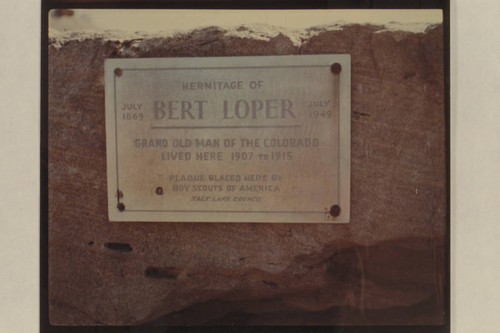 Plaque placed by the Boy Scouts at the cabin used by Bert Loper at Red Canyon