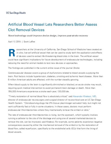 Artificial Blood Vessel Lets Researchers Better Assess Clot Removal Devices