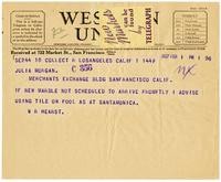 Telegram from William Randolph Hearst to Julia Morgan, February 1, 1927