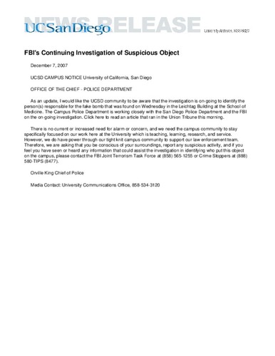FBI's Continuing Investigation of Suspicious Object