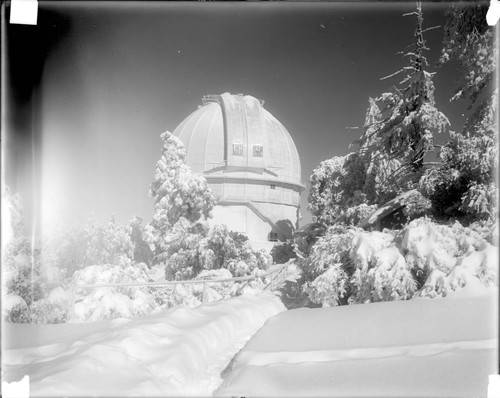 100-inch telescope dome and building after a snowfall, Mount Wilson Observatory