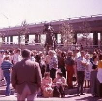 Old Sacramento. View of the Pony Express Statue site at 2nd and J Streets. View shows the site and installation of the statue. Crowd gathers during dedication