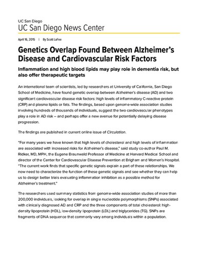 Genetics Overlap Found Between Alzheimer’s Disease and Cardiovascular Risk Factors