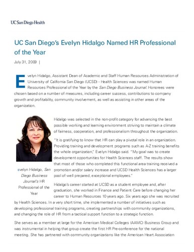 UC San Diego’s Evelyn Hidalgo Named HR Professional of the Year