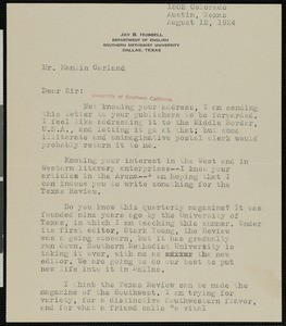 Jay Broadus Hubbell, letter, 1924-08-12, to Hamlin Garland