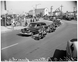 Funeral of Clifford C. Peterson, California Highway Patrol Commissioner, at Mottel's Mortuary, Long Beach, 1953