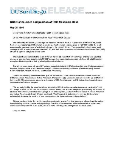 UCSD announces composition of 1999 freshmen class