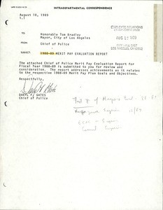 Merit pay evaluation report submitted by Chief of Police Daryl F. Gates to Mayor Tom Bradley, 1988-1989
