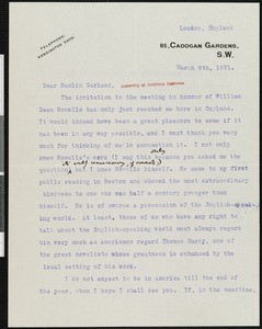 Alfred Noyes, letter, 1921-03-08, to Hamlin Garland
