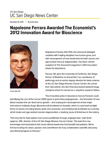 Napoleone Ferrara Awarded The Economist’s 2012 Innovation Award for Bioscience
