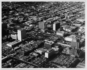 Aerial view facing north over Koreatown, Mid-Wilshire District at Wilshire Boulevard and Vermont Avenue