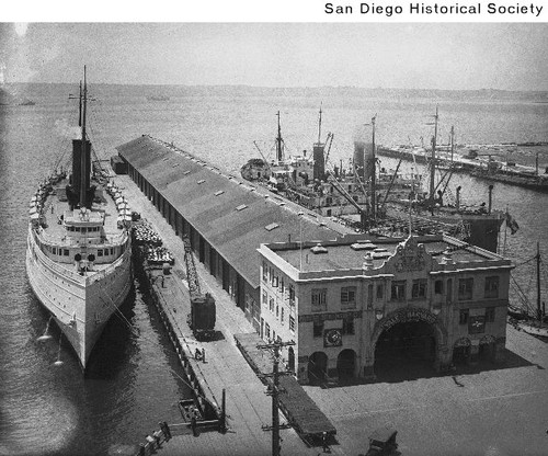Aerial view of a ship tied to Municipal Dock