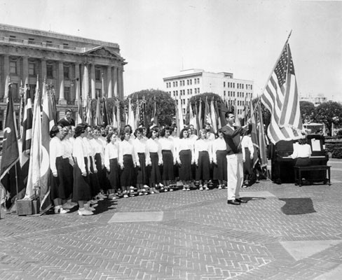 [St. Paulus Lutheran High School Glee Club performing flag pledge ceremony at Civic Center]