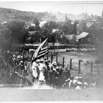 Columbia, Memorial Day, ca 1903, parade/procession with town and St. Anne's Church visible in background