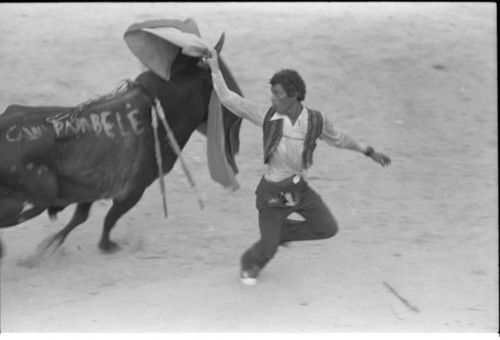 Bullfighter waving his cape in front of bull, San Basilio de Palenque, 1975