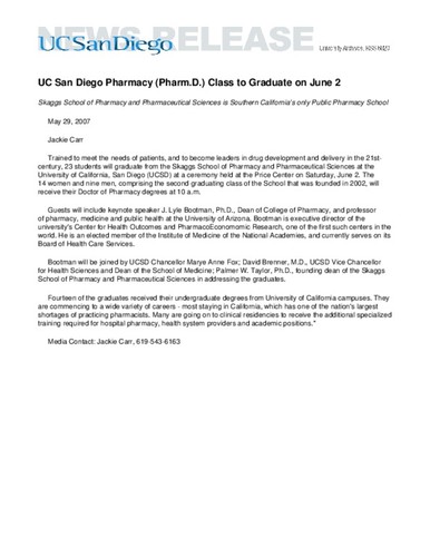 UC San Diego Pharmacy (Pharm.D.) Class to Graduate on June 2--Skaggs School of Pharmacy and Pharmaceutical Sciences is Southern California’s only Public Pharmacy School