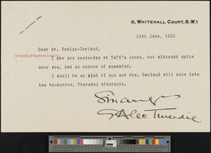 Alec Tweedie, letter, 1922-06-21, to Hamlin Garland