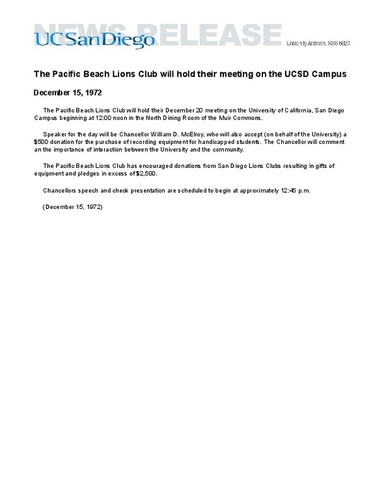 The Pacific Beach Lions Club will hold their meeting on the UCSD Campus