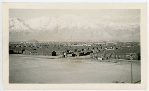 Photograph of Manzanar with mountains in the background