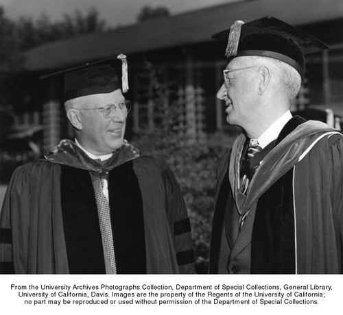 Charter Day, Chief Justice Earl Warren, left, Robert Gordon Sproul, right
