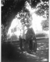 Aguis children on a tire swing in the yard of their home at 210 West Street, Petaluma, California, about 1923