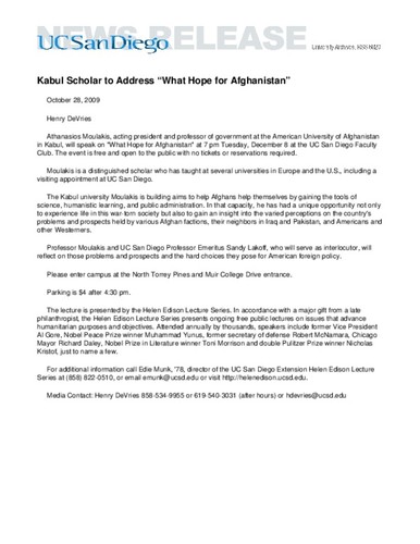 Kabul Scholar to Address “What Hope for Afghanistan”