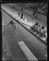 Dorothy Poynton, Olympic diver, in straight position following a backward start, 1932