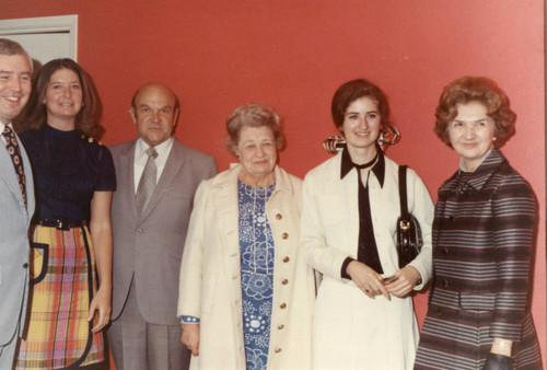 L to R: Dean Hudson, student, Chancellor Young, Mrs. Phillip, her daughter, Mrs. Helen Young