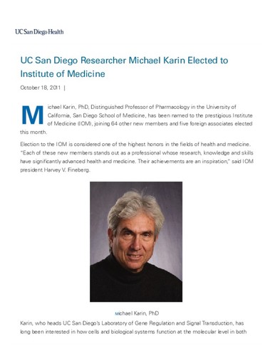 UC San Diego Researcher Michael Karin Elected to Institute of Medicine