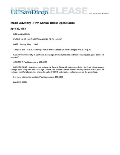 Media Advisory - Fifth Annual UCSD Open House