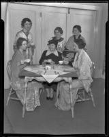 Nellie M. Skankey, Mrs. D. W. Pierce, Mrs. G. A. Cave, Mildred Bodle, and Mrs. Larry Galt of the Hollywood Women's Club host Florence Taye Hori, Los Angeles, 1936