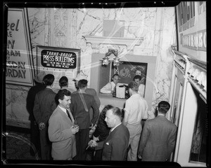 Broadcasting at Newsreel Theatre and Nehi officials, Los Angeles, CA, 1940