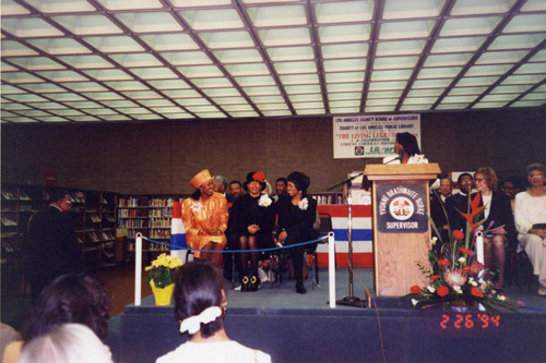 Librarian Billie Frierson at Podium during African American Living Legends Program