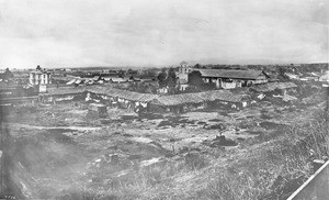 Birdseye view of the Mission Ventura, ca.1870