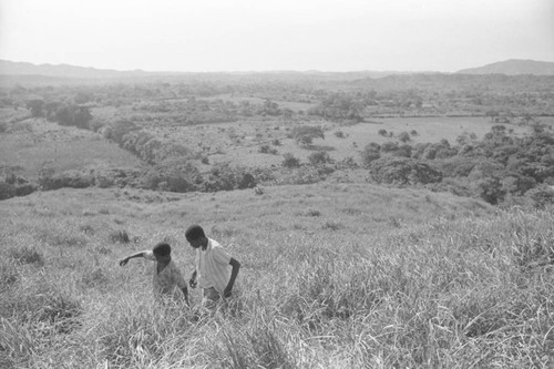 Boys walking in tall grass, San Basilio de Palenque, 1976