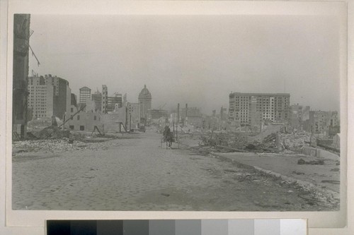 O'Farrell St. from Leavenworth, looking east showing ruins of Flood Building; Call Building at end