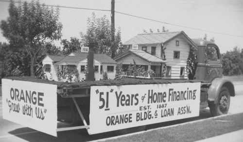 May Festival Parade Orange Building and Loan truck float, Orange, California, 1938