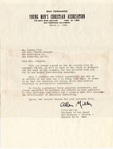 YMCA letter to Junior Cosmos Club, 1953