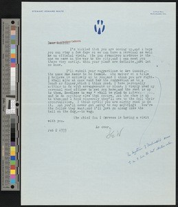 Stewart Edward White, letter, 1933-02-03, to Hamlin Garland