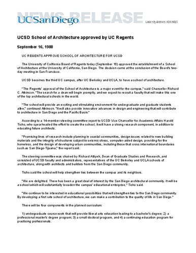 UCSD School of Architecture approved by UC Regents