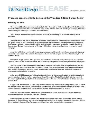 Proposed cancer center to be named the Theodore Gildred Cancer Center
