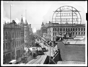 Intersection of Spring Street and First Street looking south, ca.1900-1904